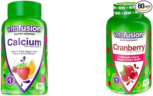 Vitafusion Chewable Calcium Gummy Vitamins for Bone Support with Vitamin D, 100 Count & Cranberry Gummies for Women, 60 Count