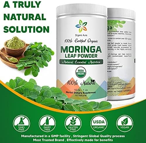 Certified Organic Moringa Leaf Powder-1Lb. USDA Certified Organic. 100% Pure and Original. Naturally boosts Energy, Metabolism & Immunity. Raw Green Whole Superfood. No GMO, Gluten Free