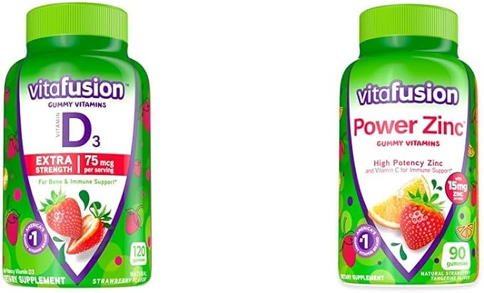 Vitafusion Extra Strength Vitamin D3 Gummy 120 Count and Power Zinc Gummy Vitamins 90 Count Strawberry Flavored Bone Immune Support