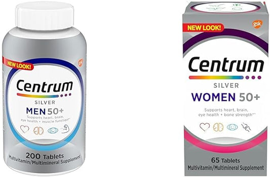 Centrum Silver Men's and Women's 50+ Multivitamins, Vitamin D3, Zinc - Men's 200 Tablets, Women's 65 Count