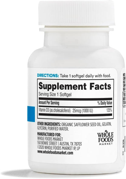 365 by Whole Foods Market, Vitamin D3 1000 IU, 100 Softgels