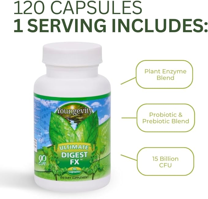 Youngevity Ultimate Digest FX™ - Ultra Prebiotic, Probiotic, & Enzyme - Plant Enzyme Blend - FOS Blend - Sea Minerals - 15 Billion Lactobacillus Blend - Digestion Aid - 90 Capsules