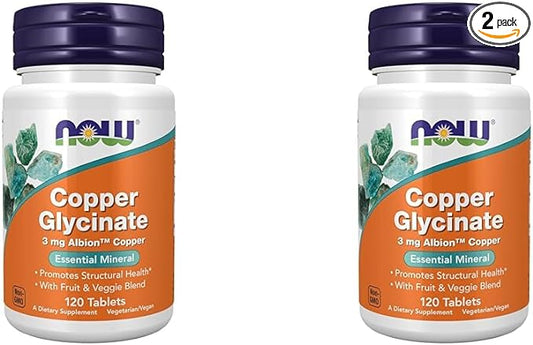 NOW Supplements, Copper Glycinate with 3mg Albion Copper, Promotes Structural Health*, 120 Tablets, Light Gray, Tan (Pack of 2)