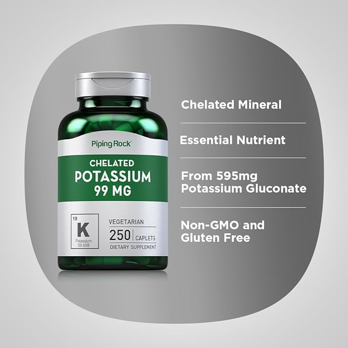 Chelated Potassium Supplement 99 mg | 250 Caplets | Potassium Gluconate | Vegetarian, Non-GMO, Gluten Free | by Piping Rock