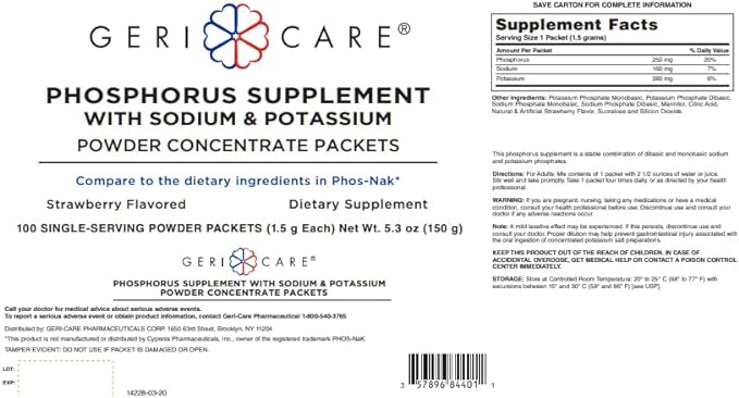 GeriCare Phosphorus Supplement with Sodium & Potassium, Concentrated Strawberry Flavored Powder (100 1.5g Packets)