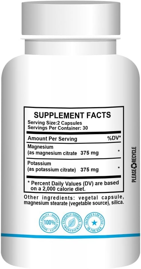 – Potassium and Magnesium Citrate Dietary Supplement – Promotes Healthy Bones and Heart Health – Non-GMO, Vegetarian, Gluten-Free - 60 Capsules