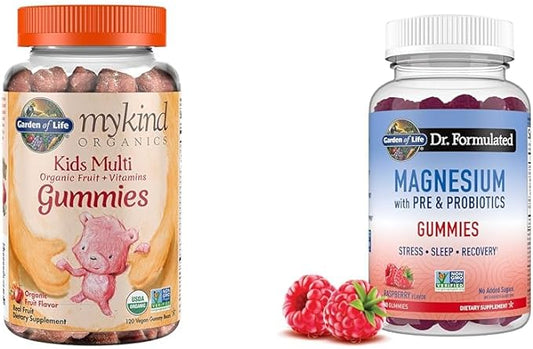 Garden of Life Organic Kids Fruit Gummy Vitamins 120ct & Magnesium Citrate Gummies for Stress Support 60ct