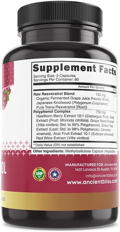 Ancient Bliss Resveratrol Powerful Antioxidant Supplement with Green Tea, Grape Seed Extract, Cardiovascular, Vitality & Immune Support Supplement for Men & Women