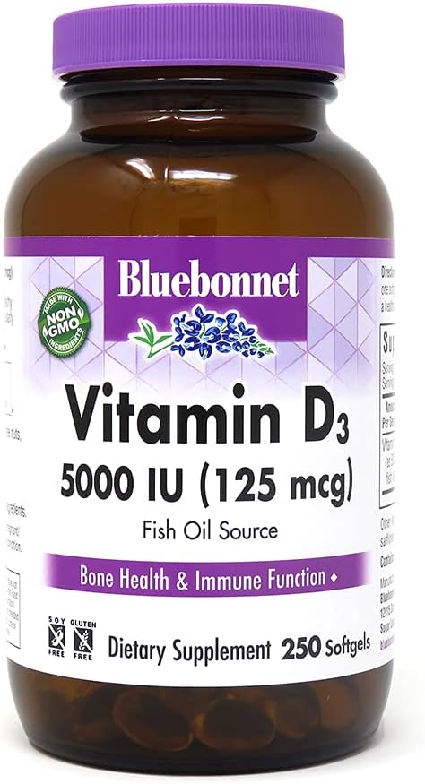 Bluebonnet Nutrition Vitamin D3 5000 IU Softgels, Aids in Muscle and Skeletal Growth, Cholecalciferol from Fish Oil, Non GMO, Gluten Free, Soy Free, Dairy Free, Yellow, 250 Softgels