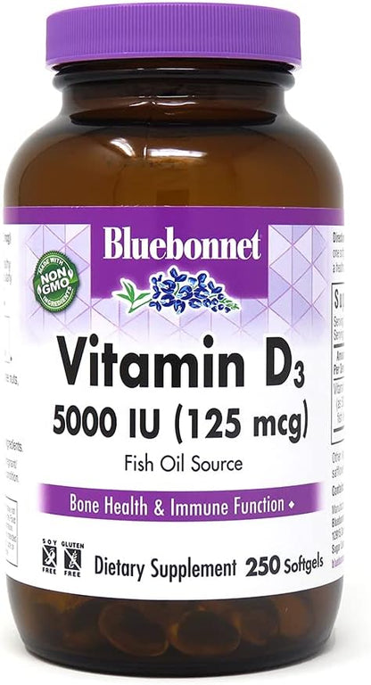 Bluebonnet Nutrition Vitamin D3 5000 IU Softgels, Aids in Muscle and Skeletal Growth, Cholecalciferol from Fish Oil, Non GMO, Gluten Free, Soy Free, Dairy Free, Yellow, 250 Softgels