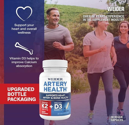 Weider Artery Health for Heart, Immune and Bone Support with Vitamin K2 (180mcg) & Vitamin D3 (5000iu), 30 Veggie Capsules