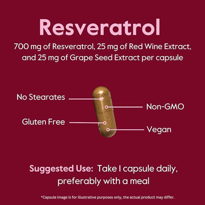 BESTVITE Resveratrol 700mg (120 Vegetarian Capsules) with Red Wine Extract & Grape Seed Extract - Standardized to 50% TransResveratrol - No Stearates - Vegan - Non GMO - Gluten Free