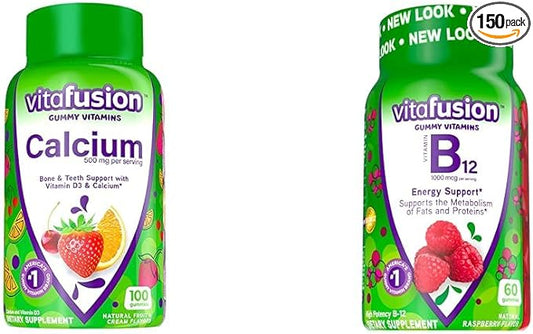 Vitafusion Chewable Calcium Gummy Vitamins for Bone Support with Vitamin B12 Gummy Vitamins for Energy Metabolism, 100 Count + 60 Count