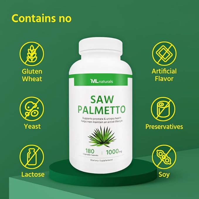 Saw Palmetto 1000 mg 180 Vegetable Capsules. Premium Quality 4:1 Extract. Prostate, Urinary Health, Hair Growth, and Help Prevent Hair Loss.