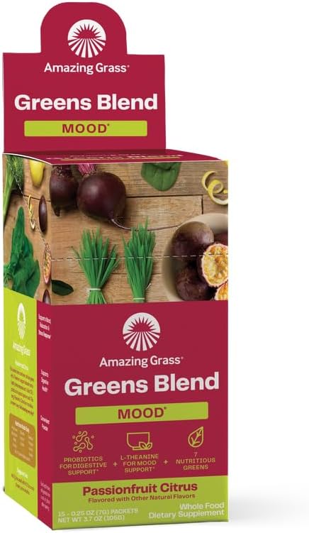 Amazing Grass Greens Blend Mood: Super Greens Powder Smoothie Mix for Mood, Relaxation & Stress Support with Organic Spirulina, Chlorella, Beet Root Powder, Digestive Enzymes & Probiotics, 15 Servings