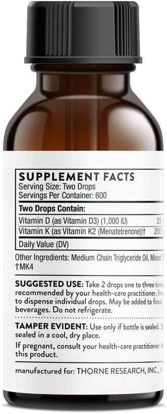 THORNE Vitamin D + K2 Liquid with a metered Dispenser - Vitamins D3 and K2 to Support Healthy Bones and Muscles* - 1 Fl Oz (30 ml) - 600 Servings