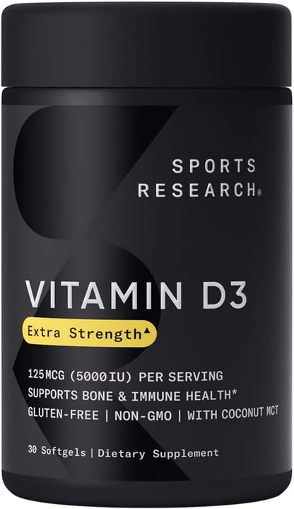 Sports Research Vitamin D3 5000 IU with Coconut MCT Oil - High Potency Vitamin D Supplement for Immune & Bone Support - Non-GMO Verified, Gluten & Soy Free – 125mcg, 30 Liquid Softgels