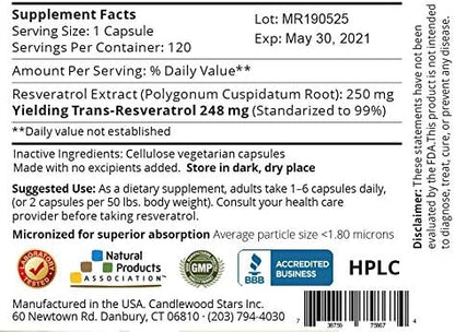 Mega Resveratrol, Pharmaceutical Grade, 99% Pure, Micronized Trans-Resveratrol, 120 Capsules, 250 mg per Capsule. Purity Certified. Absolutely no Toxic Inactive Ingredients Added.