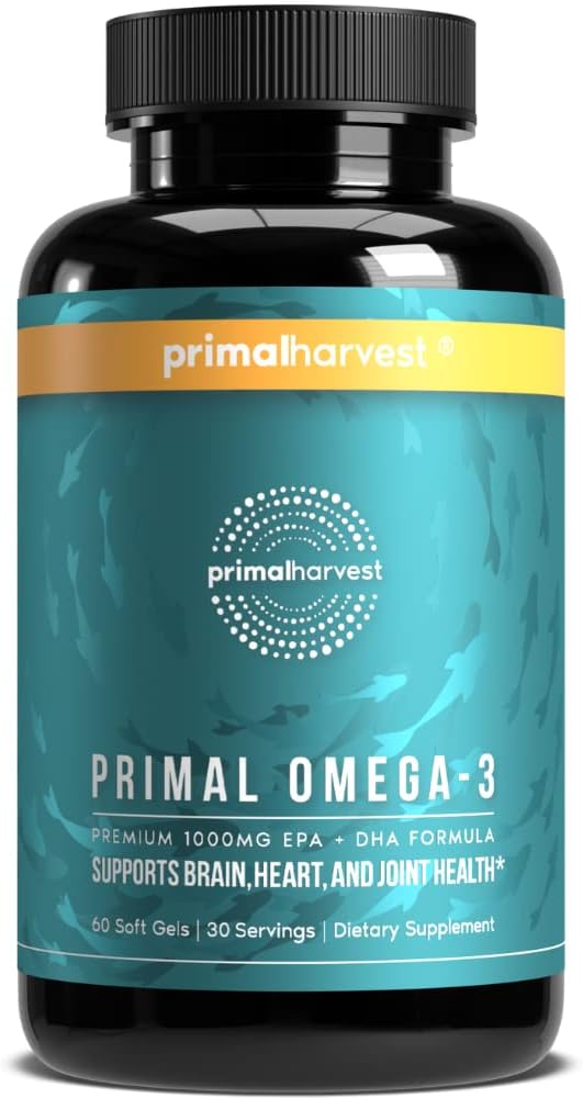 Primal Harvest Omega 3 Fish Oil Supplements, 30 Servings Soft Gels Capsules w/ 1000mg EPA + DHA Supplements, No Fishy Burps Non-GMO Omega 3 Fatty Acid