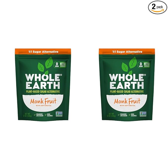 WHOLE EARTH Monk Fruit Sweetener with Erythritol, Plant-Based Sugar Alternative, 12 Ounce Pouch (Pack of 2)