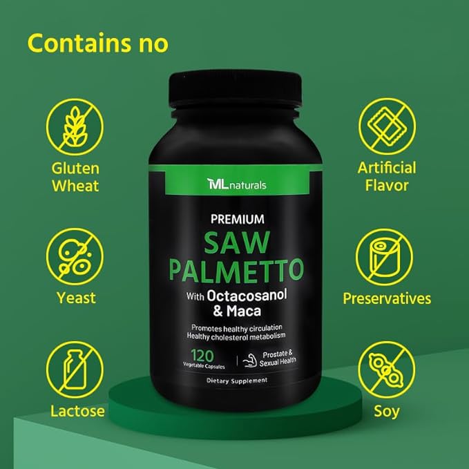 Saw Palmetto 1000 mg 120 Vegan Capsules. 3 in 1. Premium Quality with Octacosanol & Maca. Prostate, Urinary Health, Circulatory Health, Natural Energizer.