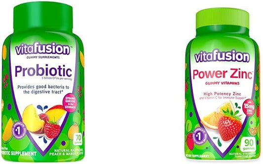 Vitafusion Probiotic Gummy Supplements, Raspberry, Peach and Mango Flavors, 35 Day Supply, 70 Count Power Zinc Gummy Vitamins, Strawberry Tangerine Flavored, 90 Count