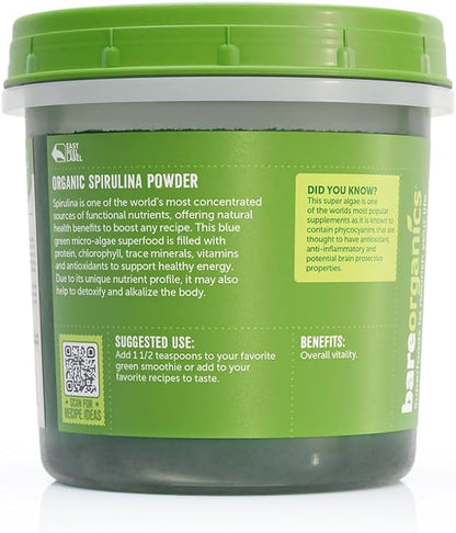 BareOrganics 13132 USDA Organic Raw Spirulina Powder, Whole food supplement, Gluten-Free & Non-GMO, 8 Ounce