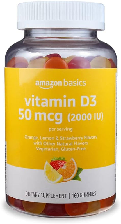 Amazon Basics Vitamin D3 2000 IU Gummies, Orange, Lemon & Strawberry, 160 Count (2 per Serving) (Previously Solimo)