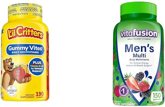 L’il Critters Gummy Vites Daily Gummy Multivitamin for Kids, Vitamin C & vitafusion Adult Gummy Vitamins for Men, Berry Flavored Daily Multivitamins