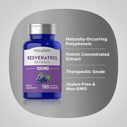 Piping Rock Resveratrol Supplement 100 mg | 180 Capsules | Defense | Grape Seed Extract | Non-GMO, Gluten Free