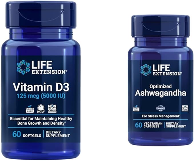 Life Extension Vitamin D3 5000 IU, Ashwagandha - Stress Relief, Focus, Memory, Mood Support - Non-GMO Supplement Bundle