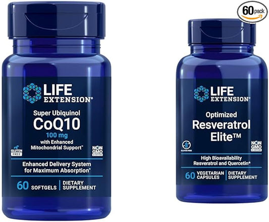 Life Extension Super Ubiquinol CoQ10 60 Softgels and Optimized Resveratrol Elite 60 Vegetarian Capsules Bundle