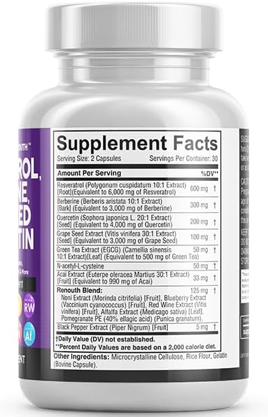 Resveratrol 6000mg Berberine 3000mg Grape Seed Extract 3000mg Quercetin 4000mg Green Tea Extract - Polyphenol Supplement for Women and Men with N-Acetyl Cysteine, Acai Extract - 60 Capsules