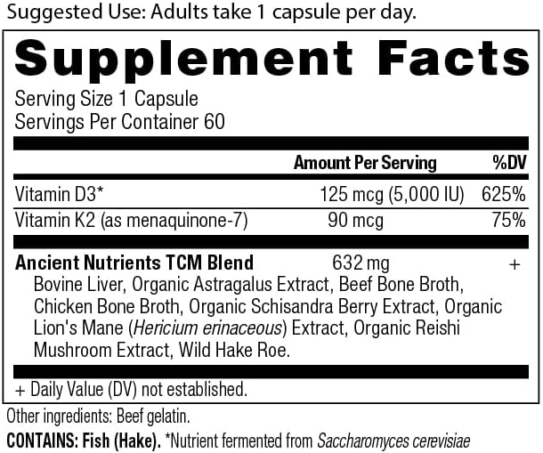 Ancient Nutrition Vitamin D Supplement, 5,000 IU Vitamin D for Immune Support, Made from Bone Broth and Mushroom Extract, Supports Healthy Inflammation, Paleo and Keto Friendly, 60 Capsules