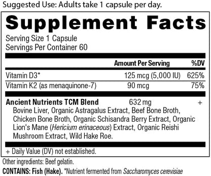 Ancient Nutrition Vitamin D Supplement, 5,000 IU Vitamin D for Immune Support, Made from Bone Broth and Mushroom Extract, Supports Healthy Inflammation, Paleo and Keto Friendly, 60 Capsules