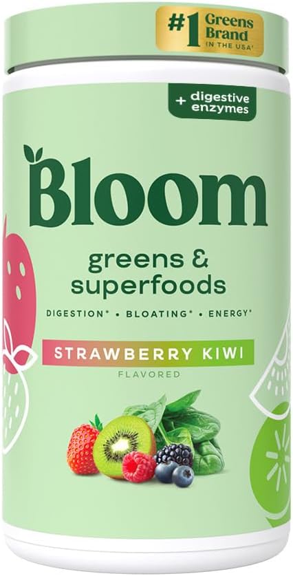 Bloom Nutrition Superfood Greens Powder, Digestive Enzymes with Probiotics and Prebiotics, Gut Health, Bloating Relief for Women, Chlorella, Green Juice Mix w Beet Root Powder, 60 SVG, Strawberry Kiwi