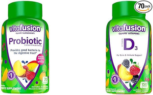 Vitafusion Probiotic Gummy Supplements, Raspberry, Peach and Mango Flavors & Vitamin D3 Gummy Vitamins for Bone and Immune System Support