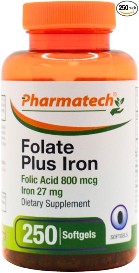 Folic Acid 800 mcg Plus Iron 27 mg Supplement for Women, Vitamin B9, Folate Prenatal, Fast Absorption, Made in USA, 250 Softgels