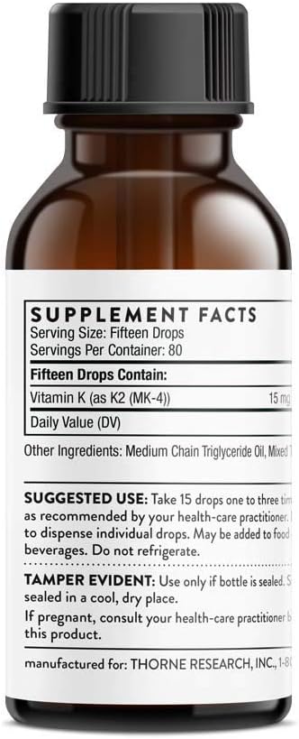 THORNE Vitamin K2 Liquid (1 mg per Drop) - Concentrated Vitamin K2 Supplement for Heart and Bone Support - 1 Fl Oz