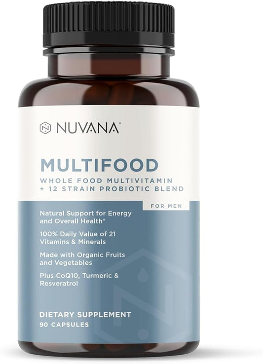 Multifood Whole Food Multivitamin with Probiotics, Organic Fruits & Vegetables, Iron, CoQ10, Turmeric, Resveratrol & Prebiotic Fiber | Vegan Formula for Promoting Energy (Multifood for Men)