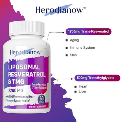 Liposomal Resveratrol with TMG Supplement 2200 MG, 99% Purity Trans-Resveratrol & Trimethylglycine- for Aging, Immune System,Skin & Overall Health,60 Softgels