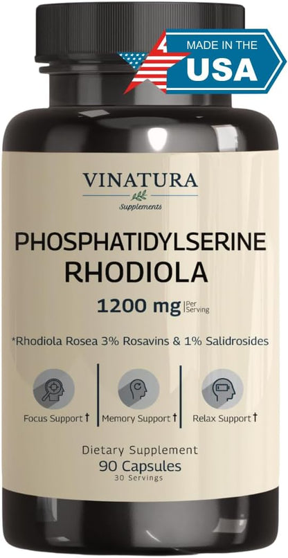 PhosphatidylSerine Rhodiola Rosea 1200mg per Serving, 3% Rosavins & 1% Salidrosides - Calm, Brain Booster, Brain Supplements for Memory and Focus - 90 Capsules 45 Servings