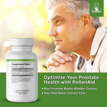 PollenAid Prostate Supplement: All Natural Prostate Support for Bladder Control & Urinary Tract Health, Rye Pollen Extract Made in USA, 90 Vegetarian Capsules