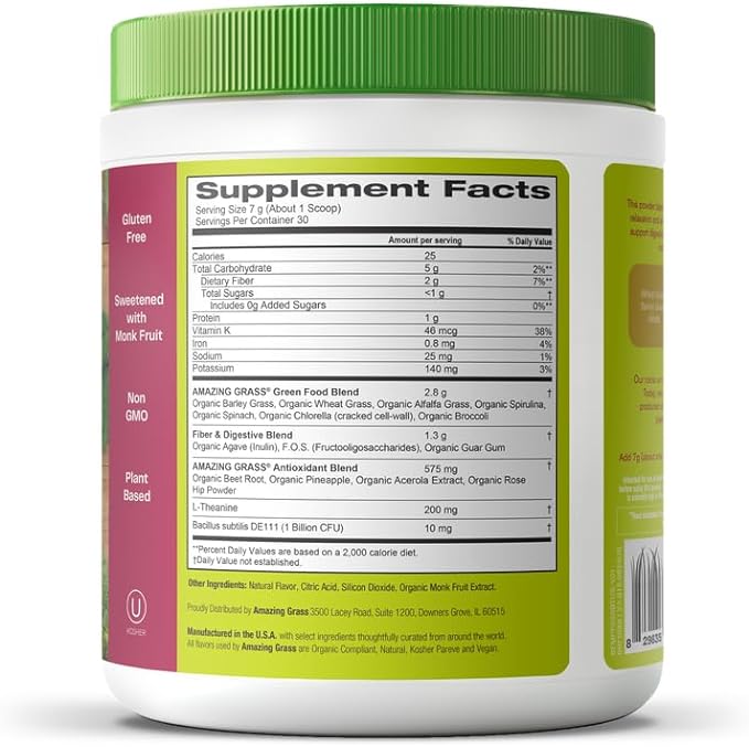 Amazing Grass Greens Blend Mood: Super Greens Powder Smoothie Mix for Mood, Relaxation & Stress Support with Organic Spirulina, Chlorella, Beet Root Powder, Digestive Enzymes & Probiotics, 30 Servings