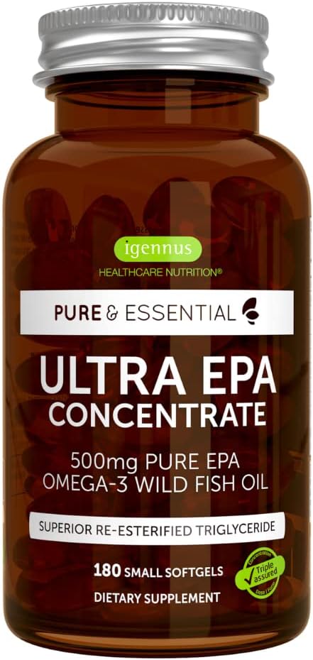 Pure & Essential Ultra Pure EPA, Non-GMO Omega-3 Concentrate 500 mg, Wild Fish Oil, rTG, 180 Small softgels