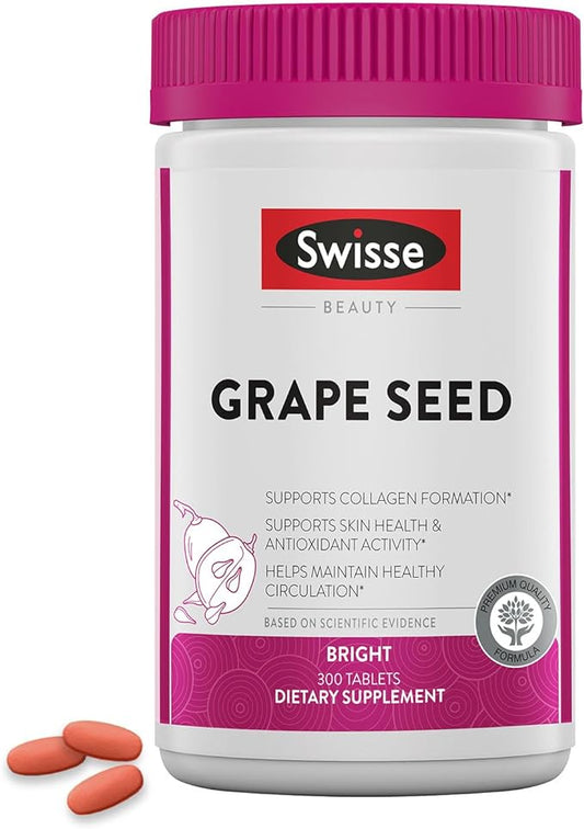 Swisse Grape Seed Extract Capsules Antioxidant Herbal Supplement | Grapeseed Polyphenols Supplement + Antioxidant Vitamin C | Promotes Skin Health & Collagen Production | 300 Tablets