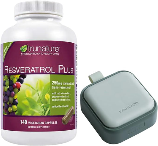 Trunature Resveratrol Plus, 140 Vegetarian Capsules Bundle with a Pill Oragnizer, Small Cute Pill Container for Medicine, Vitamins, Green