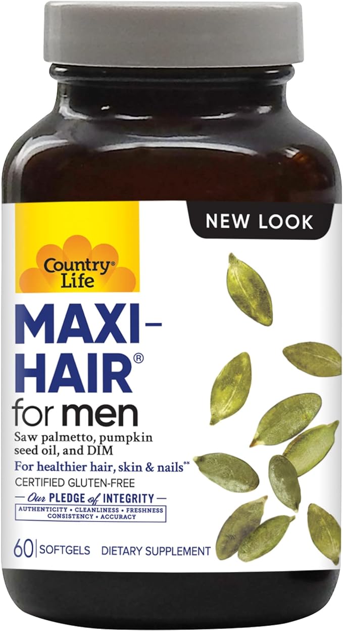 Country Life Maxi-Hair for Men with Saw Palmetto, DIM & Biotin, Hair Support, 60 Softgels, Certified Gluten Free