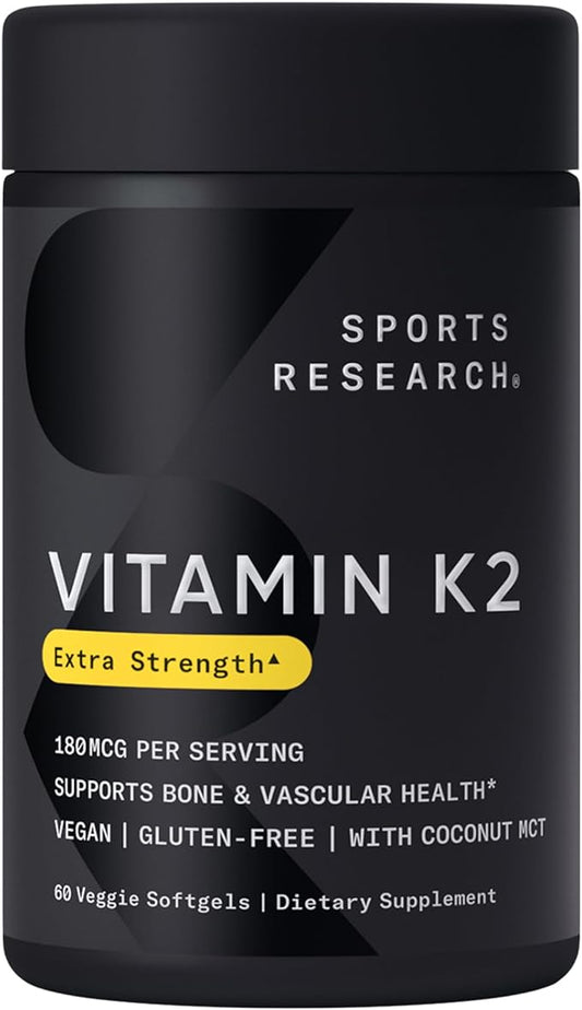 Sports Research Vitamin K2 MK7 180mcg with Coconut Oil - 60 Veggie Softgels - Vegan Certified, Non-GMO Verified & Gluten-Free