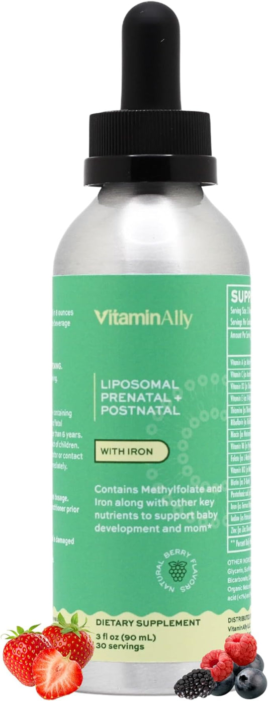 Liposomal Liquid Prenatal + Postnatal Multivitamin Drops with Iron | Non-GMO| Sugar Free| Gluten Free| Easy to Swallow| Supports Both Baby Development and Mom| 30 Day Supply| 3 Fl OZ